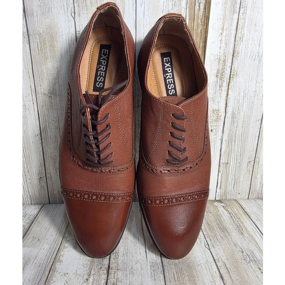 Express Mens Brown Leather Cap Toe Oxford Dress Shoes Brogue Textured size 9